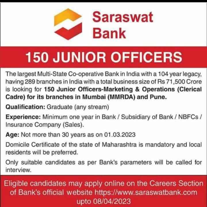 Saraswat Bank Recruitment 2023, Apply Online for 150 Junior Clerks_3.1