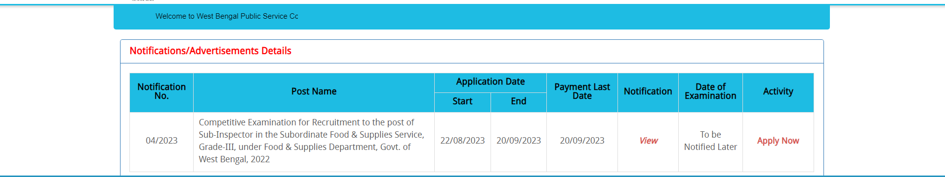 WBPSC Food SI Apply Online 2023, Form Fill Up Last Date 20 September_5.1