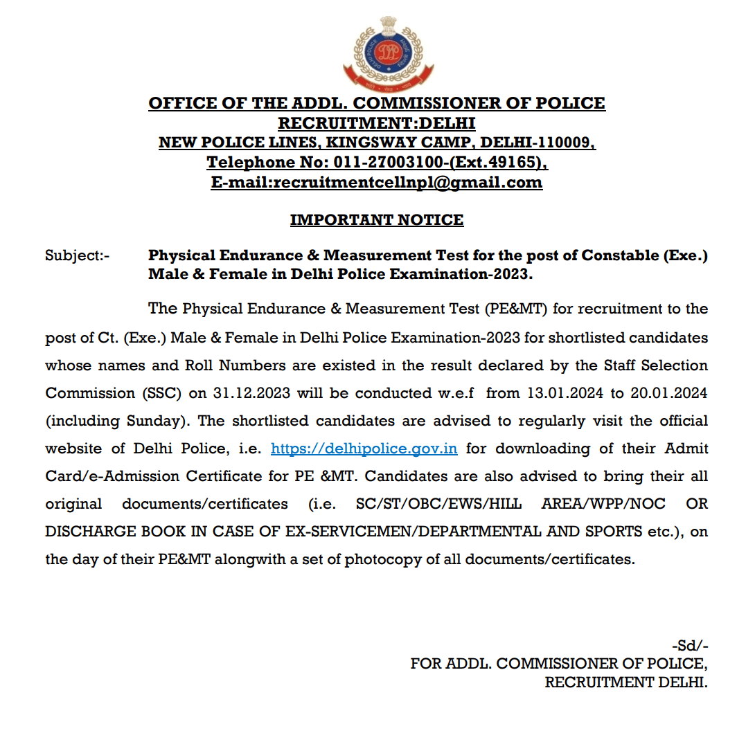 Delhi Police Constable Physical Admit Card 2024 Out for PET PST, Download Link_3.1