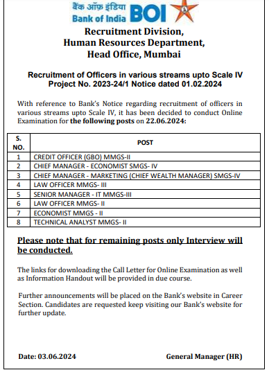 Bank of India Exam Date 2024 and Call Letter Out for 143 Vacancies_3.1