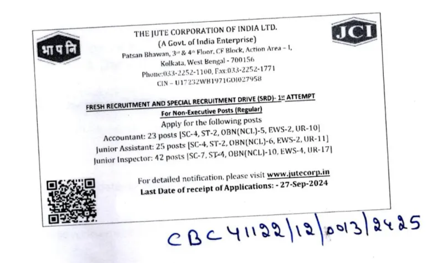 Jute Corporation of India (JCI) Recruitment 2024 Notification Out for 90 Jr. Assistant and Other Posts_3.1