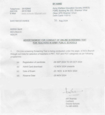 AWES Recruitment 2024 Notification Out for Army Public School PGT, TGT and PRT Teachers_3.1