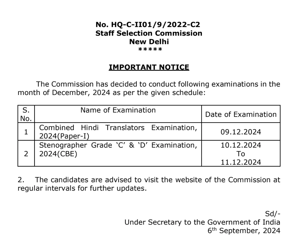 SSC Stenographer Exam Date 2024