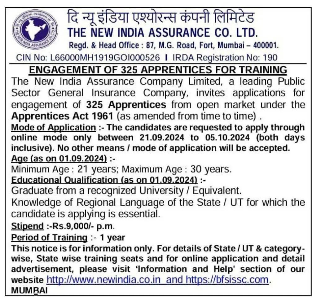 NIACL Apprentice Recruitment 2024 Notification Out for 325 Vacancies_3.1