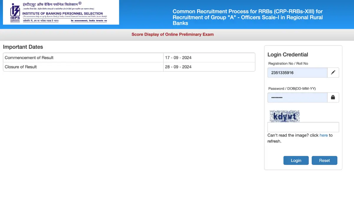 IBPS RRB PO Prelims Scor Card 2024