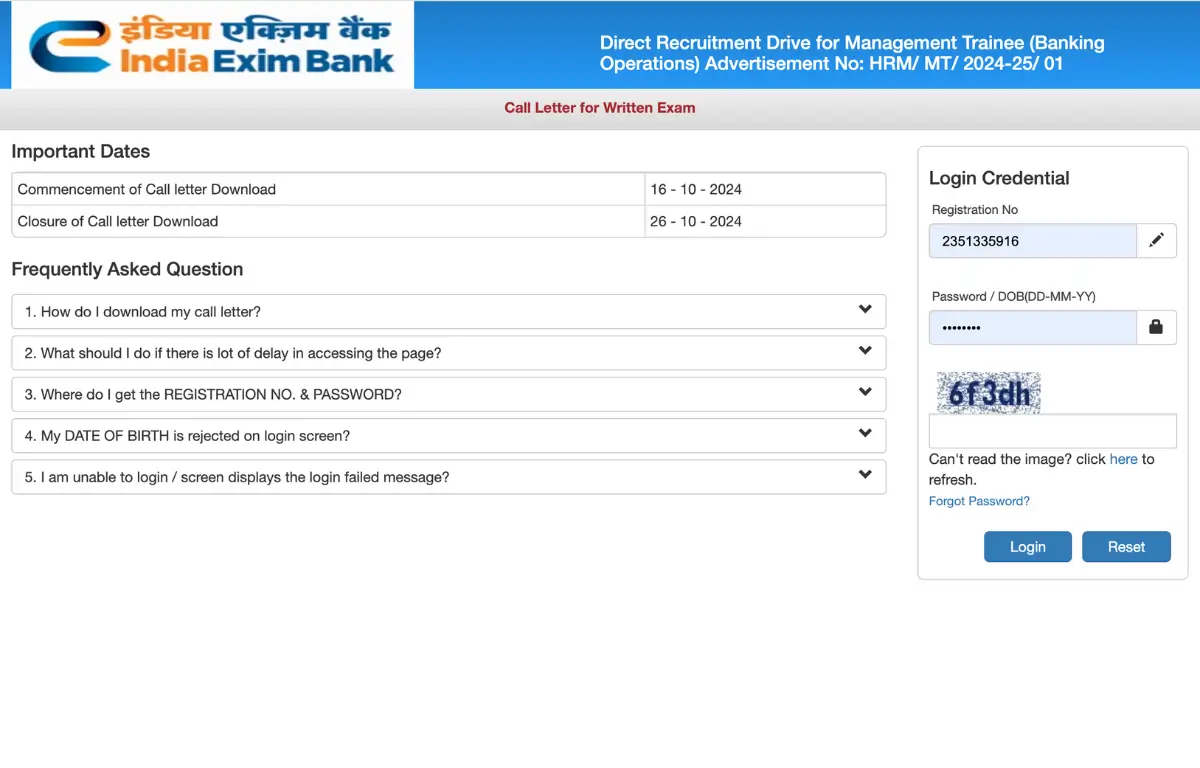 EXIM Bank Admit Card 2024