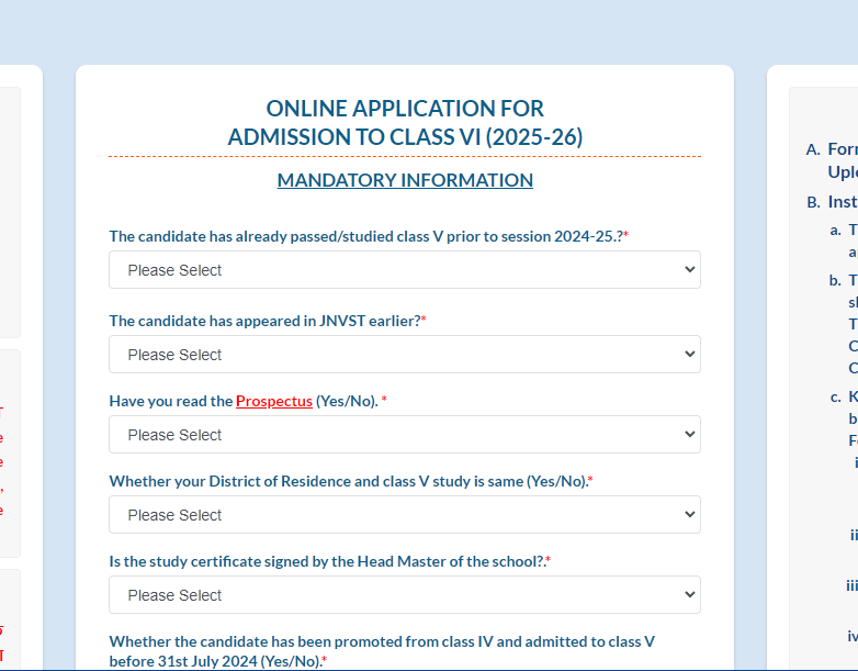 JNVST Class 6 application form 2025-26