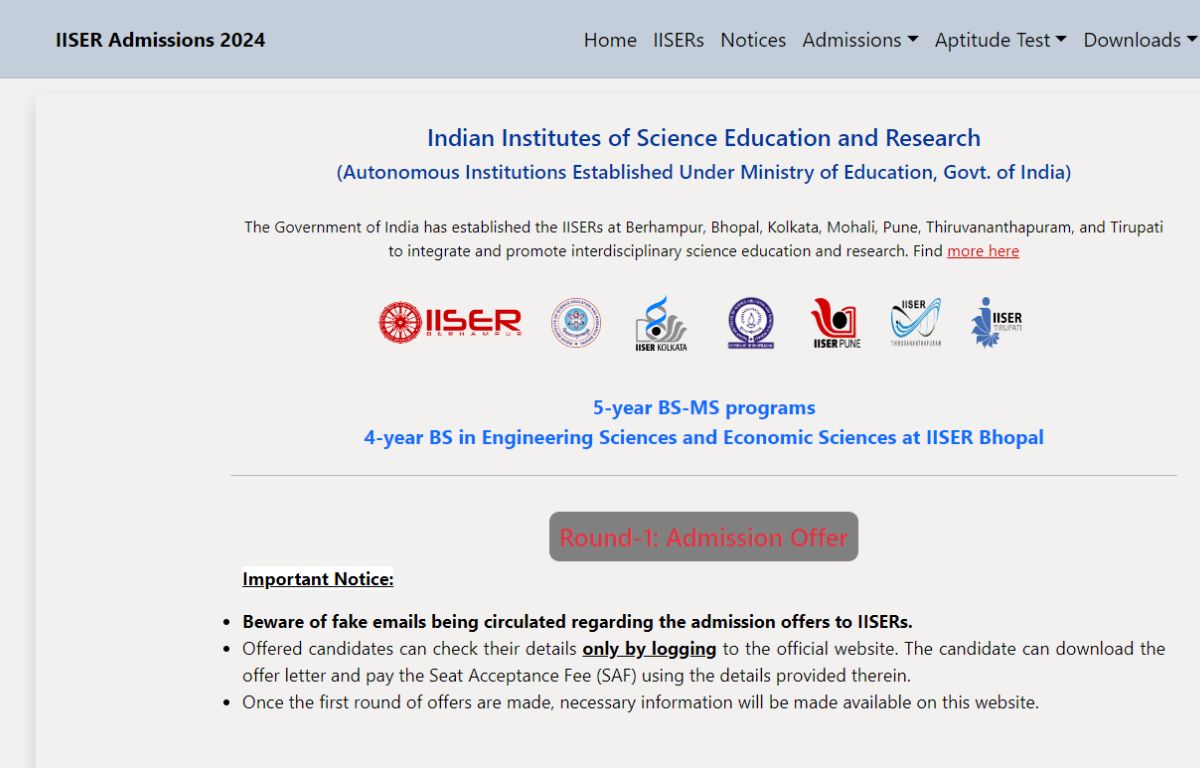 IISER IAT Round 1 Seat Allotment Result 2024