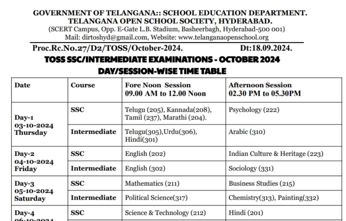 Telangana TOSS Board Exam Date 2024 Out, Download SSC Intermediate Time